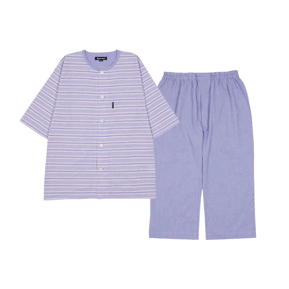 Aquascutum アクアスキュータム パジャマ クレープボーダー+シャンブレー 6分袖7分パンツ 衿なし - パジャマ Blue / L RENOWNINX ONLINE SHOP