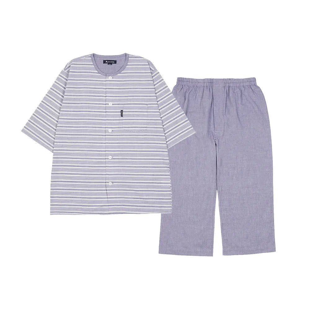 Aquascutum アクアスキュータム パジャマ クレープボーダー+シャンブレー 6分袖7分パンツ 衿なし - パジャマ Navy / L RENOWNINX ONLINE SHOP