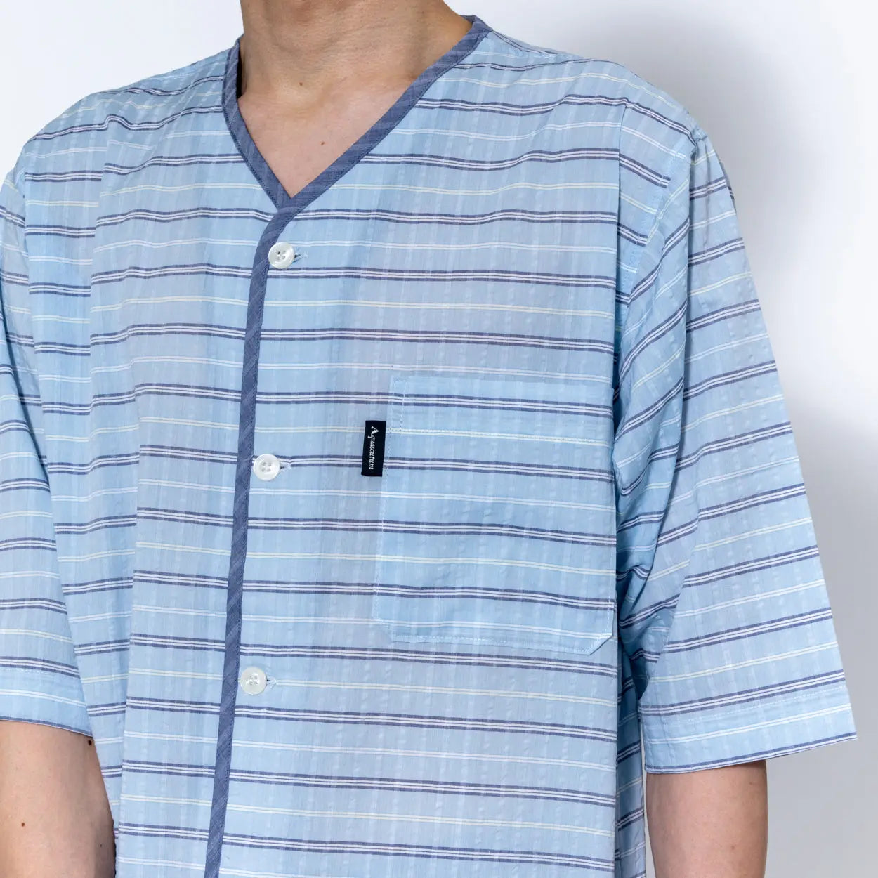 Aquascutum アクアスキュータム パジャマ 吸水速乾サッカーボーダー 無地6分袖7分パンツ 衿なしV - パジャマ  RENOWNINX ONLINE SHOP